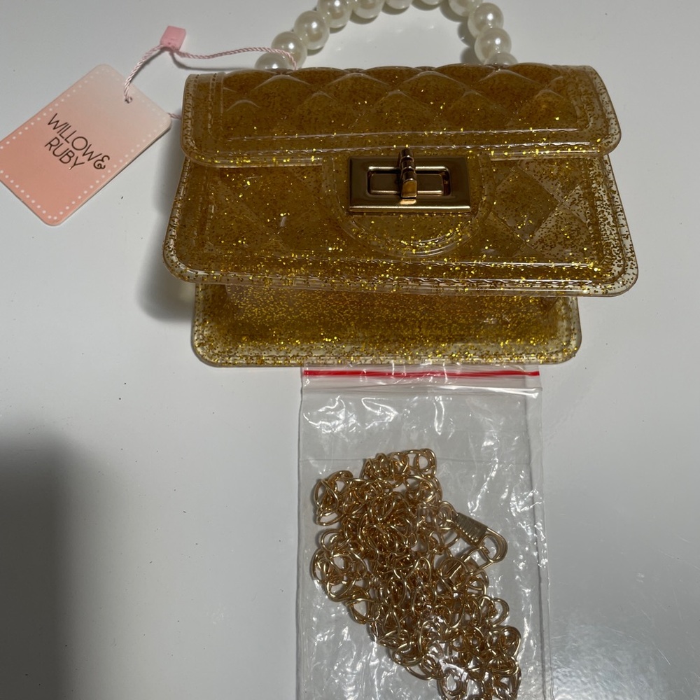 Willow & Ruby Mini Jelly Gold Tone Glitter Crossbody Purse w/ Faux Pearl Handle.